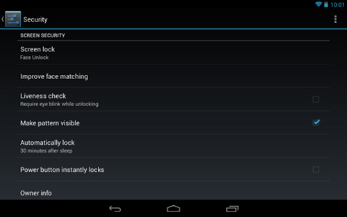 Nexus 7 Security Settings - Face Unlock 